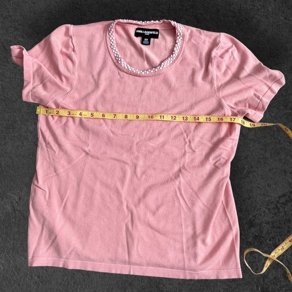 Karl Lagerfeld Paris - Short Sleeve Knit with Embroidered Neck Line in Soft Pink - Picture 7 of 9